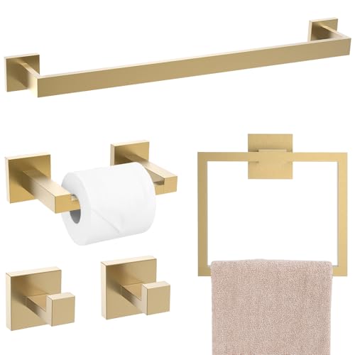 TQKAG Brushed Gold Bathroom Hardware Accessories Set 5 Pieces, Double Post Pivoting Toilet Paper Holder Set Stainless Steel Square Bathroom Towel Bar Holder Set Wall Mounted - color: Brushed Dark Gold, size: 5-Pieces Set