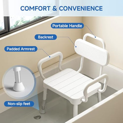 Loyoda Shower Chair for Inside Shower with Back & Arms, Ideal for Seniors | Height Adjustable Shower seat for Disabled, 350 lb Capacity, Non-Slip, Rust-Resistant Aluminum Frame - size: Neutral Gray