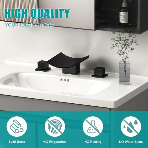 SKOWLL Bathroom Sink Faucet 3 Hole Black, Large Waterfall Spout with LED, Widespread Bathroom Faucets 3 Hole, Unique Look - color: Matte Black