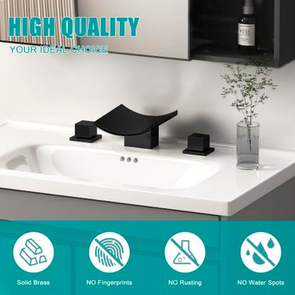 SKOWLL Bathroom Sink Faucet 3 Hole Black, Large Waterfall Spout with LED, Widespread Bathroom Faucets 3 Hole, Unique Look - color: Matte Black