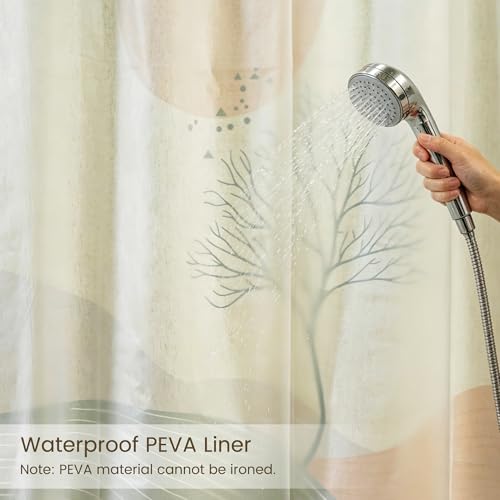 Orange Sun and Green Branch Linen Shower Curtain Set with Liner | Double Layer Shower Curtain Waterproof Fabric with Zippered Removable PEVA Liner,Boho Shower Curtain for Bathroom,Free Hooks - color: Landscape