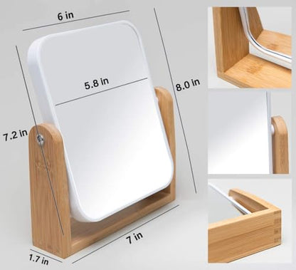 YEAKE Vanity Makeup Mirror with Natural Bamboo Stand, 8 Inch Double Sided 360 Degree Swivel Magnifying Mirror for Table, Desk, Countertop Shaving Make Up - color: White-rectangle (1x,2x)