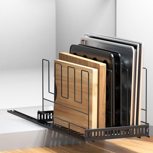Housolution Pull Out Baking Tray and Cookie Sheet Cutting Board Organizer | 21.5" Deep & 12" Wide, 4 Adjustable Dividers, Sliding Rail Design, Sturdy Metal Structure, Adhesive/Screw Fixing - color: Black, 4 Dividers, size: Large