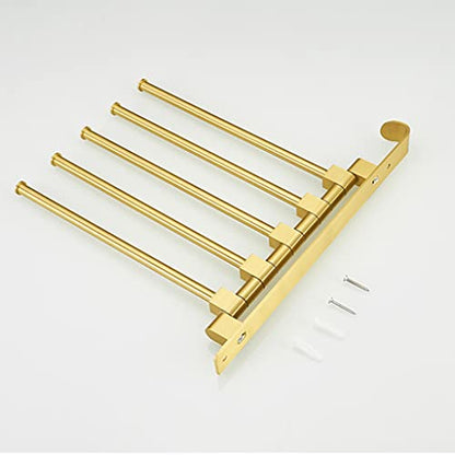 ZHOUXIAO Gold Swing Out Towel Bar Holder/Gold Finish Swivel Multiple Towel Rack for Bathroom or Kitchen, Metal Towel Bar Folding Arm Swivel Hanger Bathroom Storage Wall Mount 5Bars