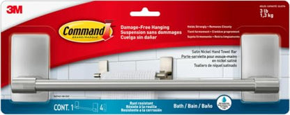 Command Hand Towel Bar Satin Nickel with 4 Water Resistant Command Strips,9" Hand Towel Holder,Holds up to 3 lb,Great for Bathroom Décor on The Wall,Inside The Cabinet,or in-The Shower,(Pack of 8) - size: 1 (Pack of 8)