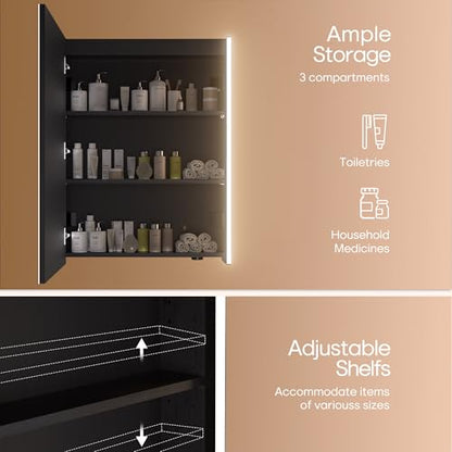 30 x 23-1/4 Inch LED Medicine Cabinet Lighted Bathroom Mirror, Defogger, Stepless Dimmable, 3000K/5500K Color Temperature Wall Mounted, Adjustable Shelf, Black