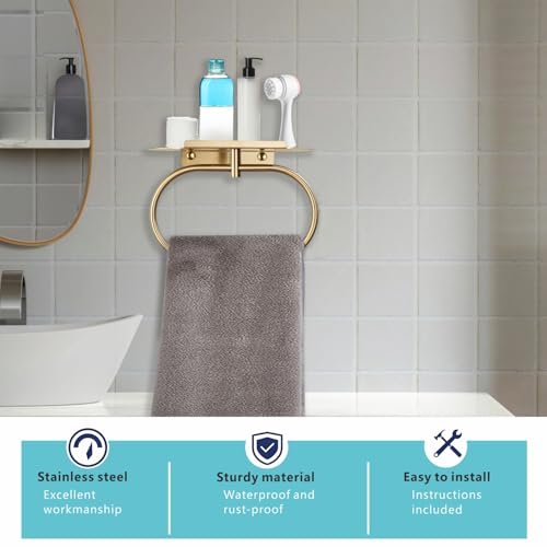 Towel Ring with Shelf, Heavy Duty Stainless Steel Bathroom Hardware, Adhesive No-Drill or Drill Mount Wall Mounted Towel Holder for Bathroom and Kitchen (Gold) - color: Gold