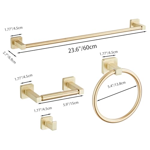 Brusehd Light Gold Bathroom Hardware Set 4 Pieces,Bathroom Accessories Set Stainless Steel Wall Mounted, Hand Towel Bar, Towel Ring, Robe Towel Hooks,Toilet Paper Holder,Towel Bar Set, 23.6 Inch… - color: Brusehd Light Gold, size: 23.6Inch