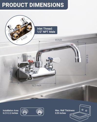 Commercial Sink Faucet - Leak Free Brass 4 Inch Wall Mount 2 Hole, 8" Swivel Spout 3 Compartment Sink Faucet for Restaurant/Industrial/Kitchen/Laundry/Bar - size: 4" Center 8" Swivel Spout