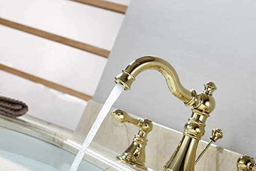 Polished Brass 2-Handle 8 Inch Widespread Bathroom Faucet, 3 Holes | Derengge Traditional Widespread Sink Faucet, With Pop-Up Drain 360° Swivel Stainless Steel Spout, F-8303-PB - color: Polished Brass