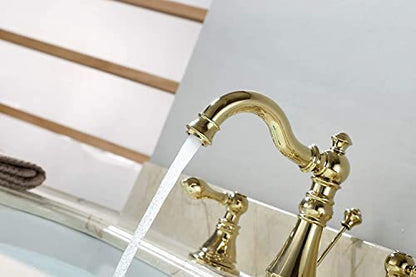 Polished Brass 2-Handle 8 Inch Widespread Bathroom Faucet, 3 Holes | Derengge Traditional Widespread Sink Faucet, With Pop-Up Drain 360° Swivel Stainless Steel Spout, F-8303-PB - color: Polished Brass