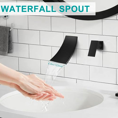 SKOWLL Matte Black Wall Mount Bathroom Faucet, Single Handle Bathroom Sink Faucet, Modern Waterfall Wall Mount Bathtub Faucets with Independent Swich, Filler Rough-in Valve Included - color: Matte Black