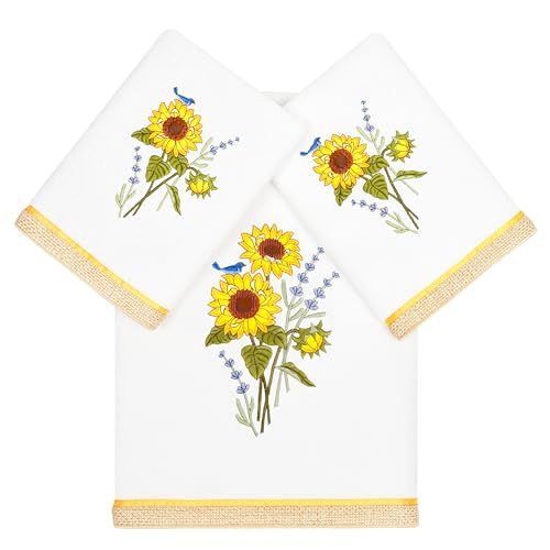 Jubilant 3-Piece Towel Set, Embroidered Sunflower & Lavender, 100% Turkish Cotton, Super Absorbent, Country Charm Decor, 1 Bath 2 Hand Towels, White - color: White, size: 1 Pc Bath 2 Pcs Hand Towel