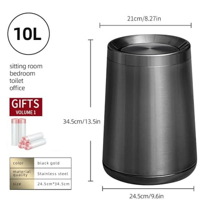 10 L/2.6Gallen,Swing Lid Trash Can,Brushed Stainless Steel Garbage Can with Flipping Lid,for Bathroom, Kitchen,Living Room,Bedroom,Hotel (Black Gold) - color: black gold