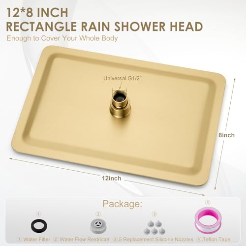 12 x 8 Inch Rectangle Rain Shower Head Brushed Gold, All Metal Stainless Steel 304, Full Body Rainfall Shower with 112 Silicone Nozzles, High Flow Waterfall Showerheads - color: Brushed Gold, size: 12 x 8 Inch Rectangle