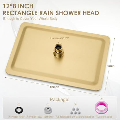 12 x 8 Inch Rectangle Rain Shower Head Brushed Gold, All Metal Stainless Steel 304, Full Body Rainfall Shower with 112 Silicone Nozzles, High Flow Waterfall Showerheads - color: Brushed Gold, size: 12 x 8 Inch Rectangle