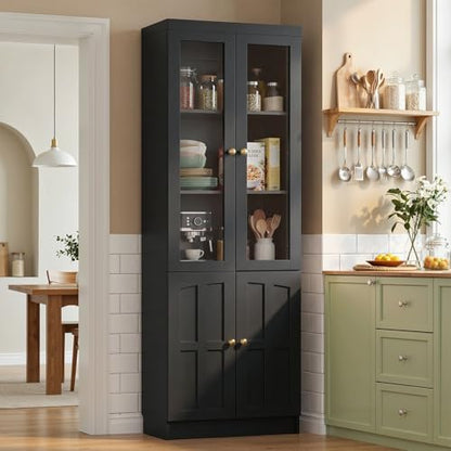 Cyclysio Kitchen Pantry Cabinet, 80" Wood Pantry Storage Cabinet with Doors and Adjustable Shelves, Kitchen Cabinet with Thickened Top Panel, Tall Cabinet for Livingroom, Pantry, Bathroom, Black - color: Black
