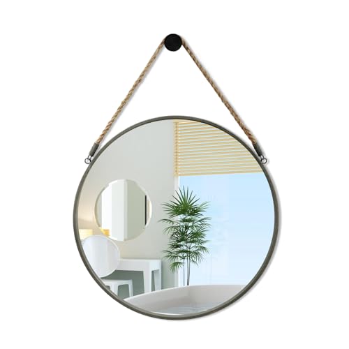 POZINO 15" Small Round Hanging Mirror with Grey Metal Frame - color: Grey, size: 15"L x 15"W