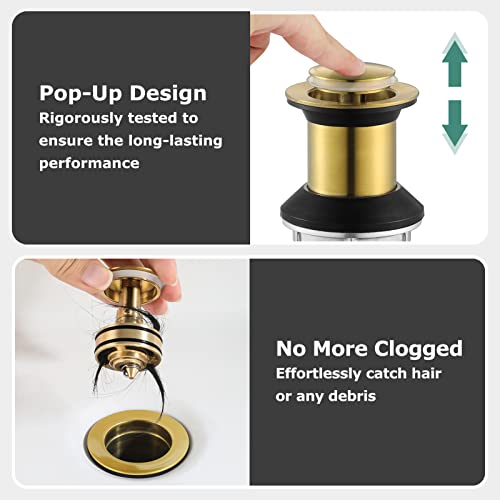 All Metal Bathroom Sink Drain Without Overflow, Stainless Steel Pop Up Drain for Lavatory Vanity Vessel Sink, Brushed Gold, 2108608 - color: Brushed Gold, style: Without Overflow
