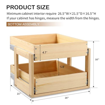 Pull Out Cabinet Organizer 26''W×21''D×16''H Slide Out Drawer | Soft Close Wood Kitchen Pullout Drawers for Cabinets Shelves for Kitchen, 2-Tier, Finished, Heavy-Duty, Bottom Assembly - size: 26''W×21''D×16''H