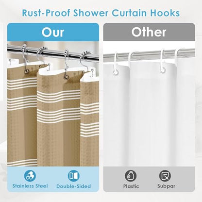 3 in 1 Shower Curtain and Liner,72 x 72 inch, Striped Geometric | Neutral Beige Modern Double Layers Waterproof Fabric with See Through Top Window Open Grommet Bath Curtain - color: Beige Striped Geometric