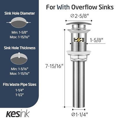 All Metal Pop Up Drain for Bathroom Sink, Bathroom Sink Drain Stopper with Basket, Vanity Sink Drain with Overflow Brushed Nickel Sink Stopper, 18/8 Stainlees & Brass, S20002A-BN - color: Brushed Nickel