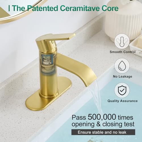 VOTON Waterfall Bathroom Faucet Brushed Gold, Single Handle 1 or 3 Hole Modern Sink Faucet with Deck Plate & Pop-Up Drain, RV Camper Vanity Washbasin Tap - color: Brushed Gold