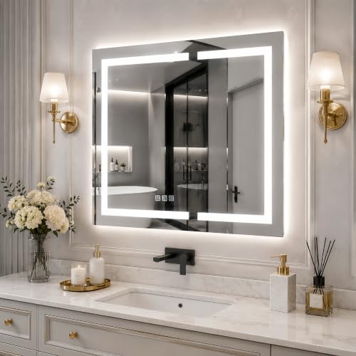 Luxury 36" Wall-Mounted LED Bathroom Medicine Cabinet, Outlets, Anti-Fog | Surface-Mount/Recessed, Double-Sided Mirror Cabinet, 3 Color Temp, DTC Silent-Close Hinges, Adjustable Tempered Glass Shelfs - size: 36"W x 36"H
