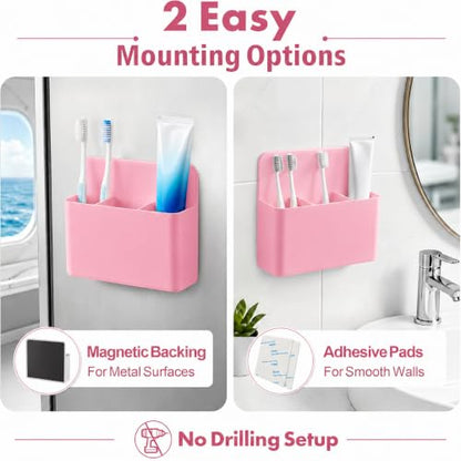 AgePlace 2 Pack Magnetic Toothbrush Holder for Cruise Ship Cabins,Wall Mounted Toothbrush Organizer with 3 Removable Dividers,Travel Must Haves,Cruise Essentials 2026 for Alaska & Caribbean Cruises - color: Pink