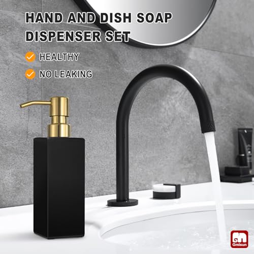 GMISUN Gold Soap Dispenser, Black Soap Dispenser Bathroom with Stainless Steel Pump, Hand and Dish Soap Dispensers Set for Kitchen, 12 fl oz/350ml Glass Liquid Refillable Lotion Dispenser Bottle - color: Black Bottle + Gold Pump