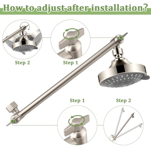 Rain Shower Head Extension 12 Inch Adjustable Rain Shower Head Extension Arm Stainless Steel Shower Head Holder G1/2 Universal Connector Compatible (Brushed Nickel) - color: Brushed Nickel