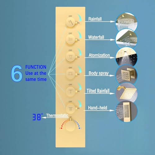 Enga Luxury Dual Shower Head System with Body Jets LED Thermostatic Shower System with 6 inch Wall Shower, 20-Inch 3 Function Shower Head (Rainfall & Mist & Waterfall), Brushed Gold - color: Brushed Gold, style: 20" Head (Rain + Mist+Waterfall) - 6" Head+