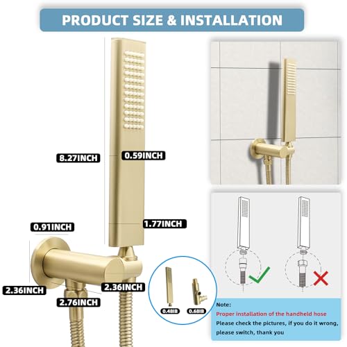 Solid Brass Handheld Shower Head Arc Design High Pressure Brushed Gold Hand Shower Wand with Adjustable Supply Elbow Wall Connector Shower Holder and 59″ Stainless Steel Hose Set - color: Brushed Gold