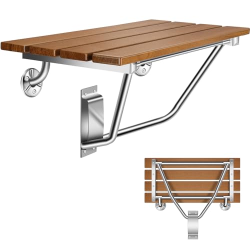 28" Wall Mounted Folding Shower Seat Stainless Steel Frame for Space Saving | Teak Foldable Shower Chair for Elderly, Pregnant, Disabled, Kids (Max 500lb) - size: 28 inches Teak Shower Bench
