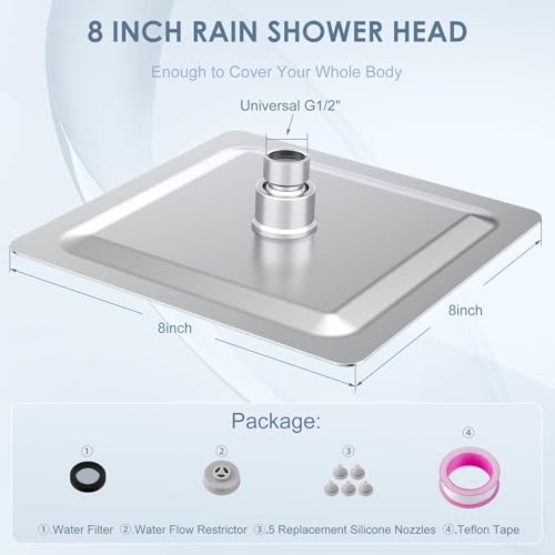 8 Inch Rain Shower Head Brushed Nickel - All Metal Stainless Steel 304, Ultra Thin Design, Square Rainfall Showerheads Modern Bathroom - Full Body Coverage Bath Shower - color: Brushed Nickel, size: 8 Inch Square