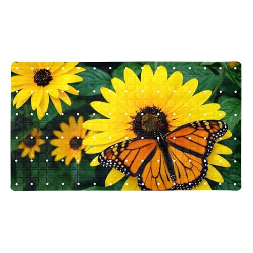 Shower Mat Non-Slip Bathtub Mats with Suction Cups and Drain Holes, Butterfly Sunflowers Design, Easy to Clean for Bathroom, 26.8x15.1In - color: Multi 7