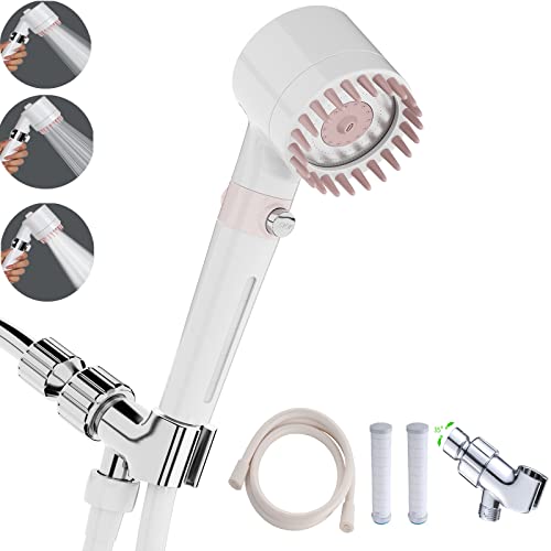 Shower Head with Handheld, Shower Heads High Pressure, High Flow Even with Low Water Pressure-Hand Held Showerhead Set,3 Modes Filtered Showerhead with 59″Replacement Hose/Bracket/Cotton Filters - color: White