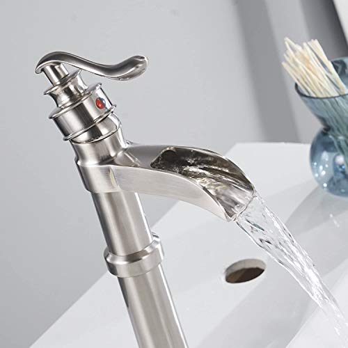Waterfall Vessel Sink Faucet Single Hole Brushed Nickel | Bath Vanity, Commercial Deck Mount, Single Handle, Pop Up Drain and Supply Lines Included, Smooth Round Safe Edges - color: Brushed Nickel