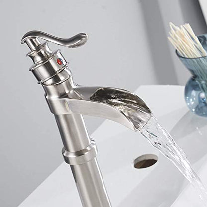 Waterfall Vessel Sink Faucet Single Hole Brushed Nickel | Bath Vanity, Commercial Deck Mount, Single Handle, Pop Up Drain and Supply Lines Included, Smooth Round Safe Edges - color: Brushed Nickel
