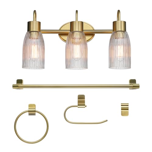 Globe Electric 5-Piece All-in-One Matte Brass Bathroom Accessory Set with 19" 3-Light Vanity Light and Ribbed Glass Shades - color: Black, Ribbed Shades