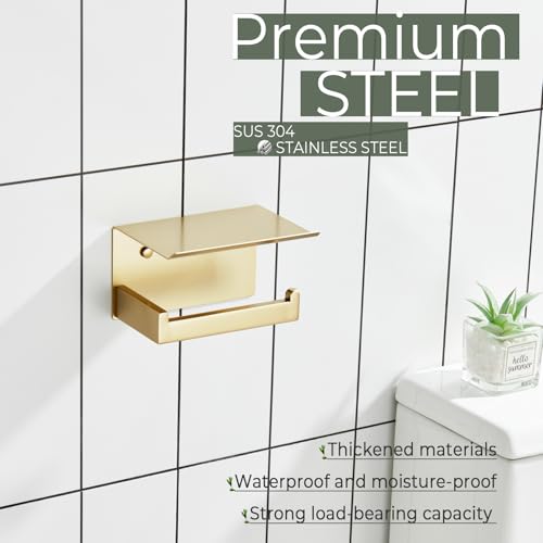KOKOSIRI Toilet Paper Holder with Shelf Toilet Roll Holder for Bathroom Restroom T-304 Stainless Steel Wall Mounted, Gold Finish, B2010BG - color: Brushed Gold, size: With Shelf(1 Pack)