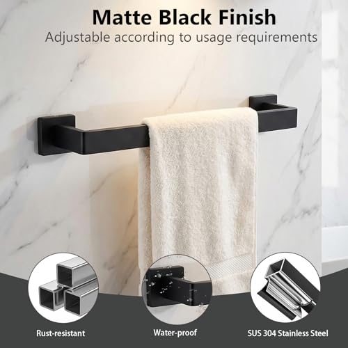 Tudoccy 5-Pieces Matte Black Bathroom Accessories Set, Bathroom Hardware Set SUS304 Stainless Steel Rustproof Wall Mounted - Includes 16" Hand Towel Bar, Toilet Paper Holder with Shelf, Towel Hooks | Rustproof Wall-mounted Hand Towel Bar, Roilet Paper Hol