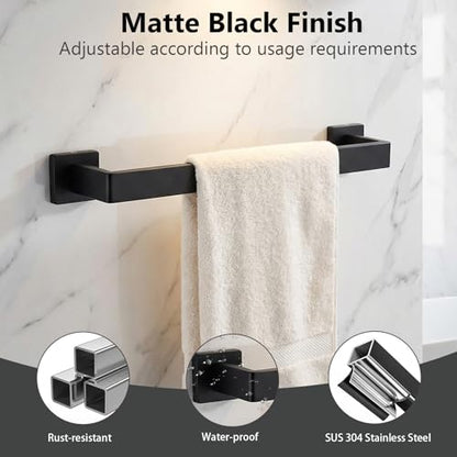 Tudoccy 5-Pieces Matte Black Bathroom Accessories Set, Bathroom Hardware Set SUS304 Stainless Steel Rustproof Wall Mounted - Includes 16" Hand Towel Bar, Toilet Paper Holder with Shelf, Towel Hooks | Rustproof Wall-mounted Hand Towel Bar, Roilet Paper Hol
