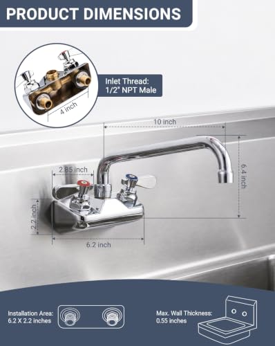 Commercial Sink Faucet - Leak Free Brass 4 Inch Wall Mount 2 Hole, 10" Swivel Spout 3 Compartment Sink Faucet for Restaurant/Industrial/Kitchen/Laundry/Bar - size: 4" Center 10" Swivel Spout