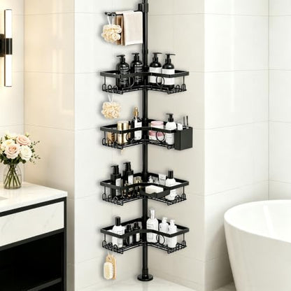 Black Corner Shower Caddy Tension Pole 4-Tier shower organizer | Adjustable 23-122 Inch Shower organizer;No Drill; Large Shampoo Shower Organizer; Corner Shower Caddy