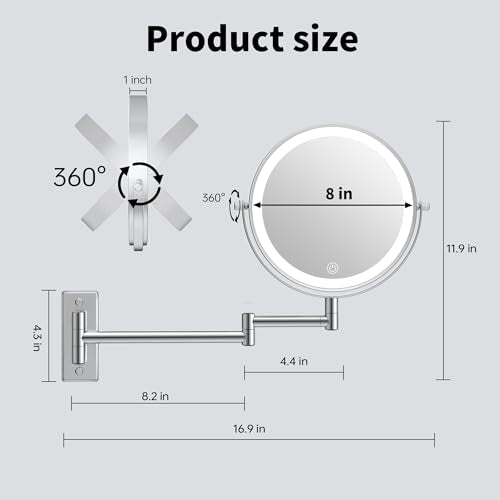 1X/20X Wall Mount Makeup Mirror with Lights and Magnification, Chrome | 8" Double Sided Wall Mounted Magnifying Mirror with 360° Swivel Extension Arm, Dimmable, Rechargeable, Touch Control, Silver - color: Chrome