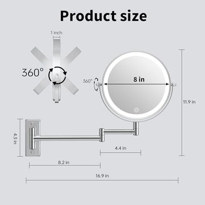 1X/20X Wall Mount Makeup Mirror with Lights and Magnification, Chrome | 8" Double Sided Wall Mounted Magnifying Mirror with 360° Swivel Extension Arm, Dimmable, Rechargeable, Touch Control, Silver - color: Chrome
