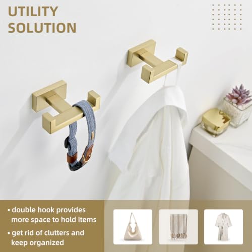 Angle Simple Double Towel Hook Brushed Gold, Bathrobe Coat Holder, 2 Pack | SUS304 Stainless Steel Robe Hook for Bathroom Wall, Hand Towel Hanger Screw Wall Mount - color: Brushed Gold, size: 2 Pack