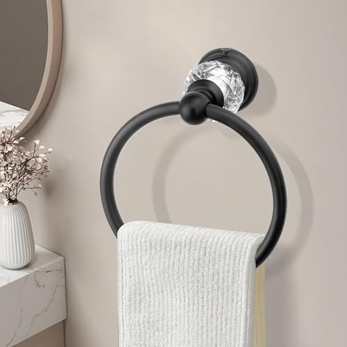 Black Crystal Towel Ring, Bathroom Towel Holder Ring, Matte Black Bathroom Towel Rack Hanger Home Hand Towel Ring Towel Holder for Bathroom Wall Mounted Bathroom Accessory - color: Black