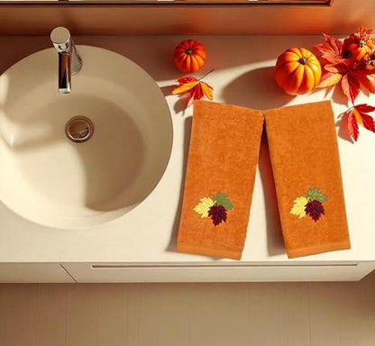 Serafina Home Fall Hand Towels: Farmhouse Terracotta Rust with Autumn Leaves of Burgundy Green and Yellow Design, 100% Cotton, 2 Piece Set, 16" x 25" - color: Leaves